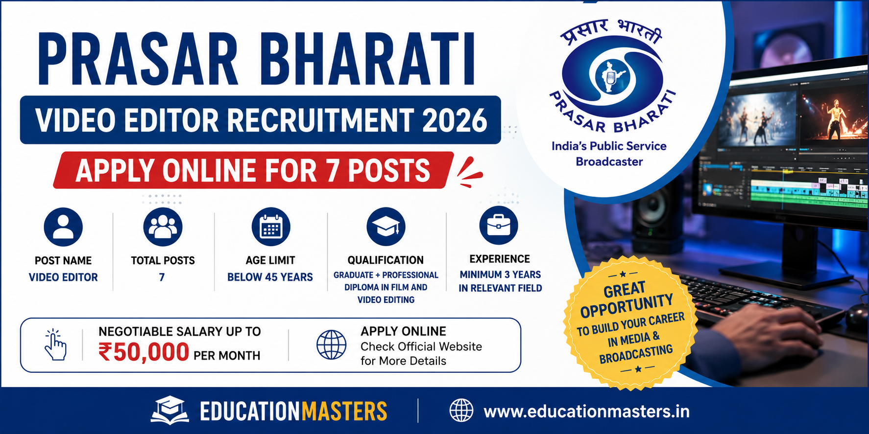 Prasar Bharati Video Editor Recruitment 2026  Apply Online for 7 Posts  EducationMasters